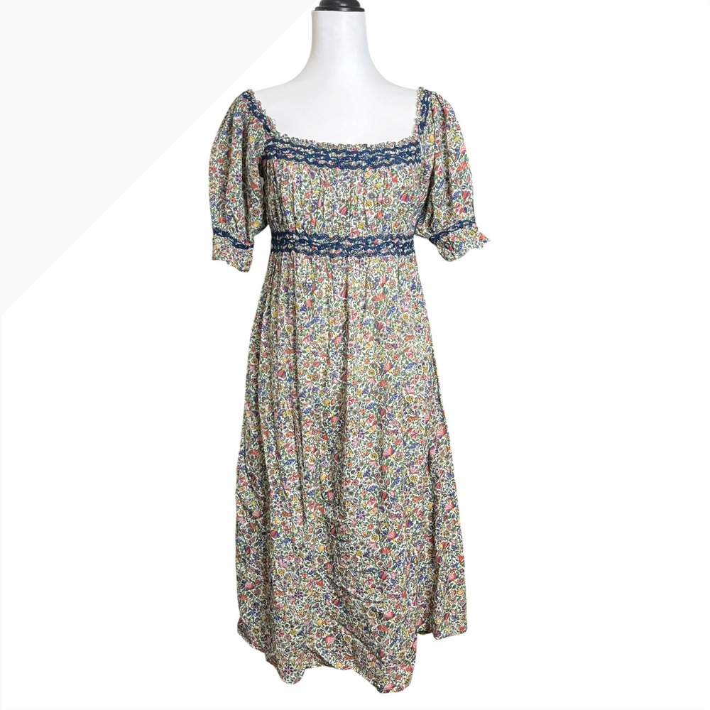 Doen Eclipse Floral Dress Womens XS Square Neck Puff Sleeve Smocked Midi Hemmed - Picture 2 of 7